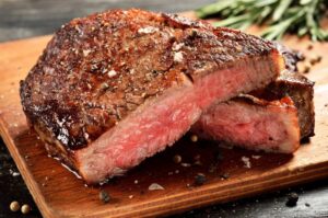 Steak cut into pieces.